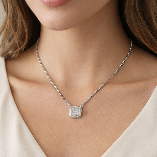 14K Gold Plated CZ Stone Paved Square Pendant Necklace