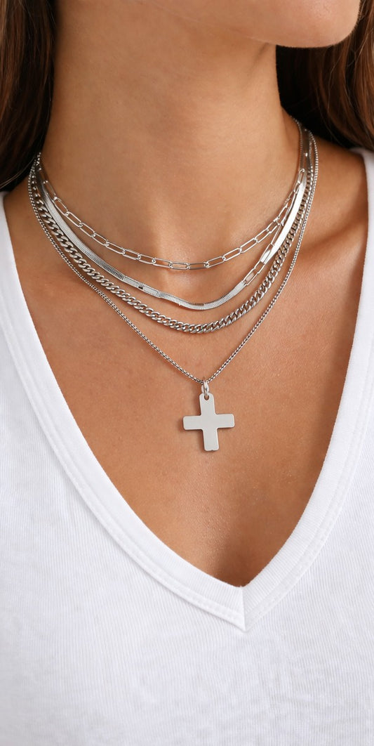 2PCS - Hammered Metal Cross Pendant Accent Multi Chain Layered Necklaces