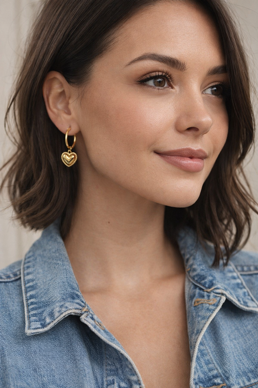 18K Gold PVD Stainless Steel Heart Pendant Hoop Earrings