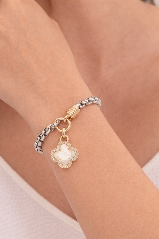 14K Gold Plated Two Tone CZ Stone Paved Quatrefoil Charm Bracelet