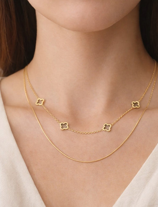 18K Gold PVD Stainless Steel Layered Clover Charm Necklace