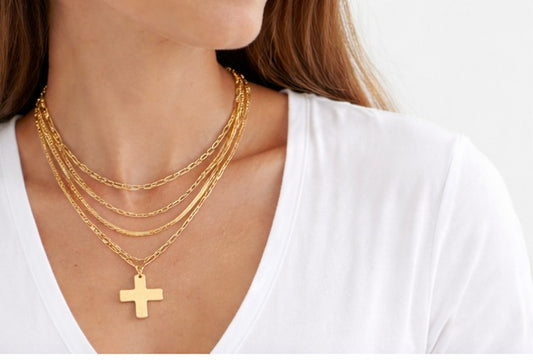 2PCS - Hammered Metal Cross Pendant Accent Multi Chain Layered Necklaces