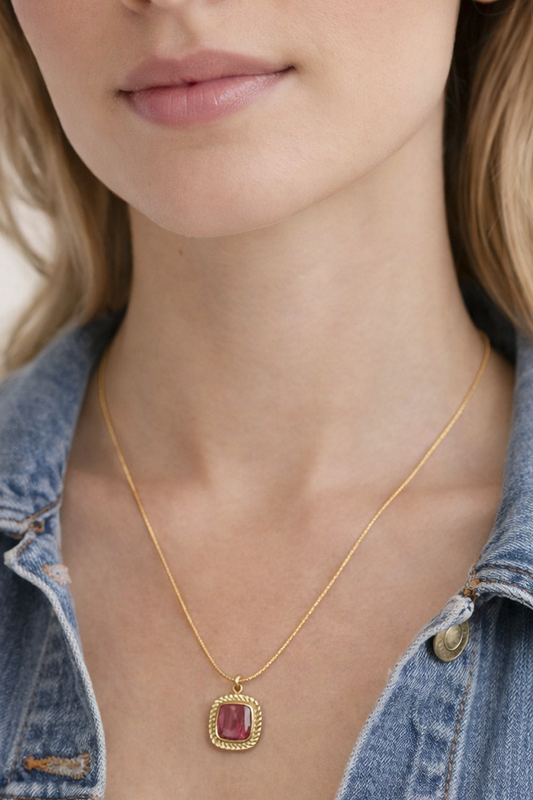 Blush Pink Stone Gold Pendant Necklace | Dainty Square Charm | Everyday Elegant Jewelry