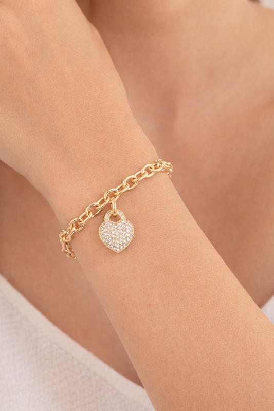 14K Gold Plated CZ Pave Heart Charm Chunky Chain Bracelet